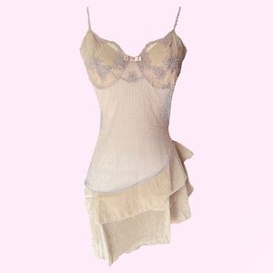SOLD | Japanese brand lingerie babydoll corset style asymmetrical tan slip dress